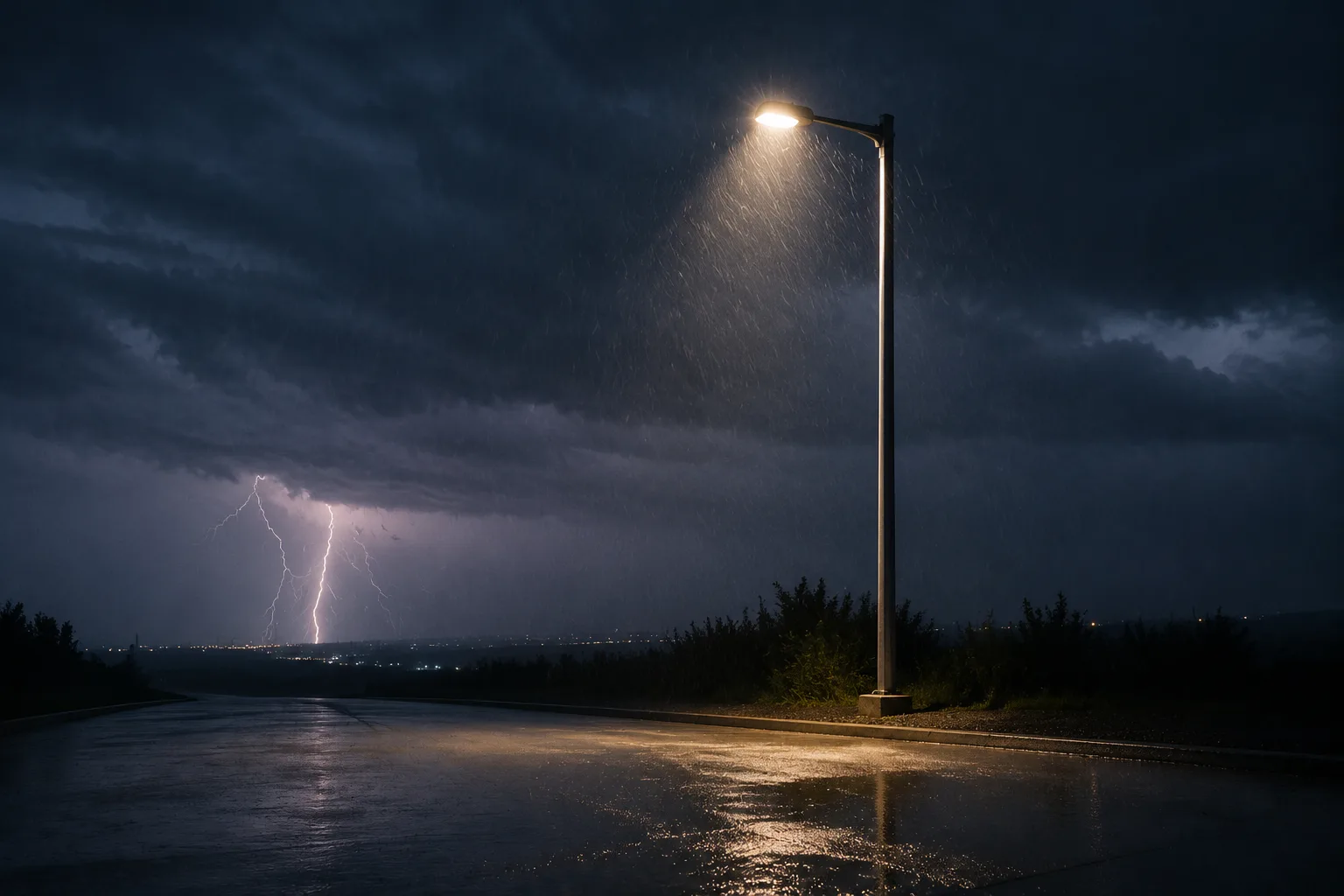 Illustrative render — Surge protection for LED luminaires: the driver's 4 kV against the site's 10 kV